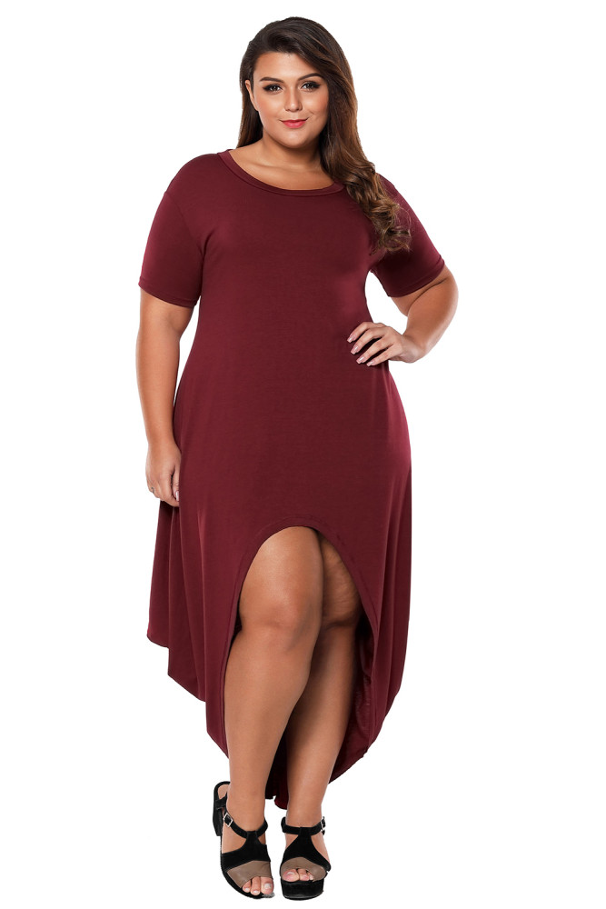 Burgundy Plus Size Hi-Lo Slit Jersey Knit Maxi Dress