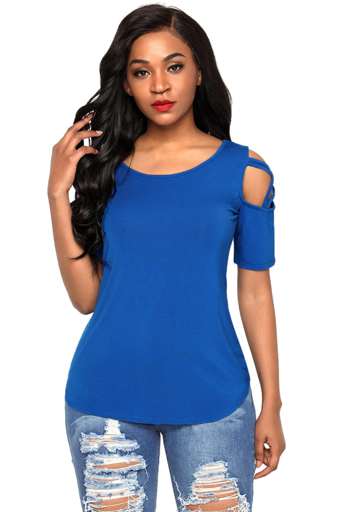 Royal Blue Crisscross Cold Shoulder Short Sleeve Shirt