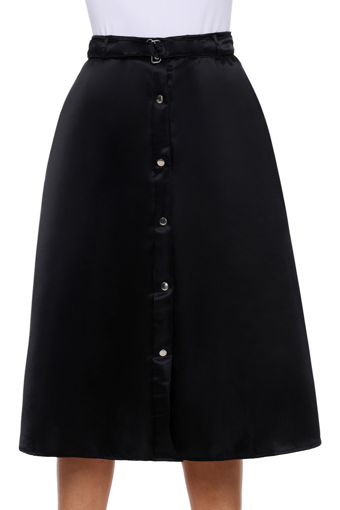 Elegant Retro Style Buttons Front Flared Midi Skirt in Black