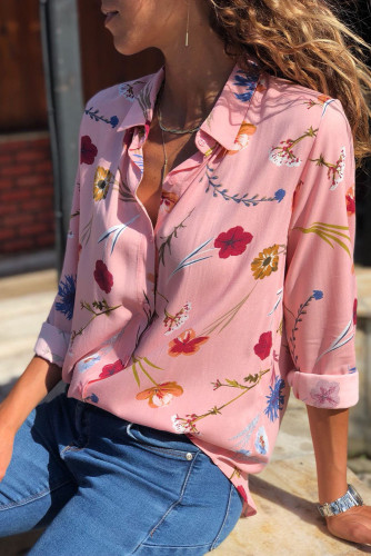 Pink Long Sleeve Floral Print Button Front Shirt