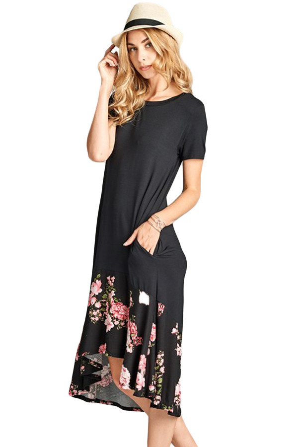 Black Hi-low Floral Ruffle Hem Midi Dress