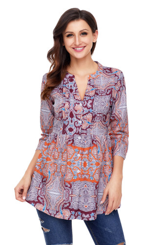 Orange and Purplish Print Chiffon Button-Down Pin Tuck Tunic