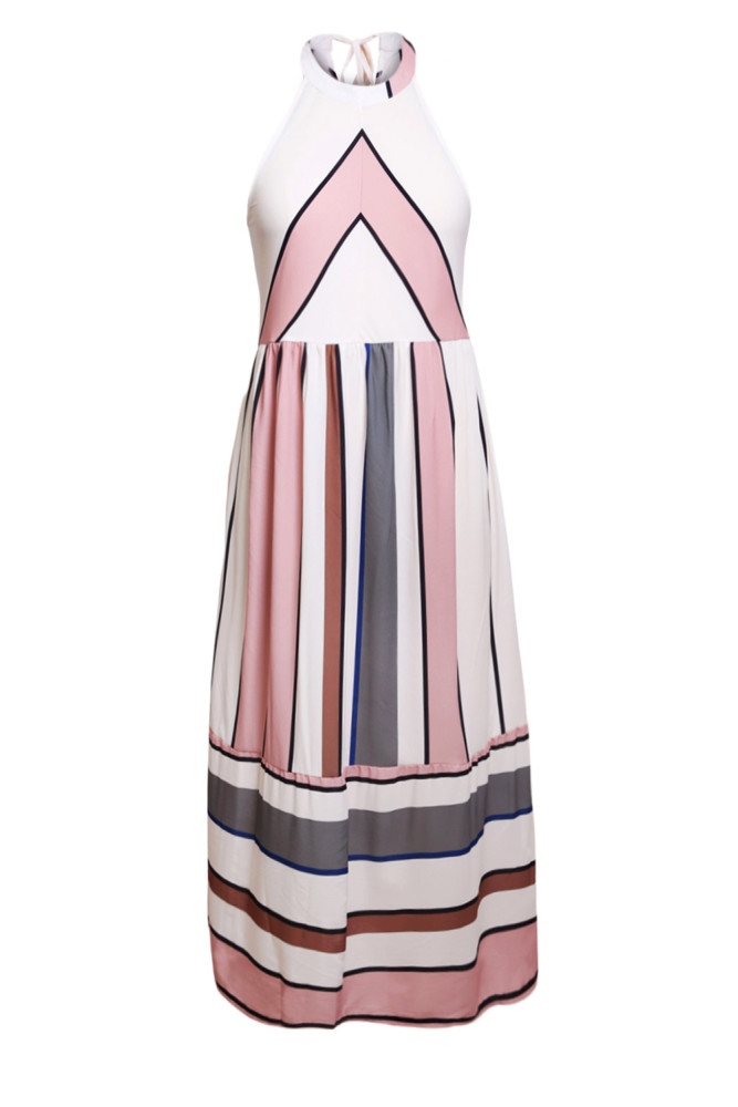 Apricot Striped Bohemian Fashion Midi Dress