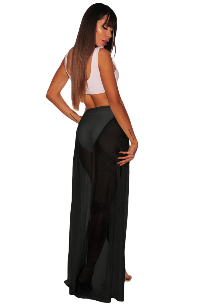 Black Mesh Slit Cover Up Belted Maxi Skirt
