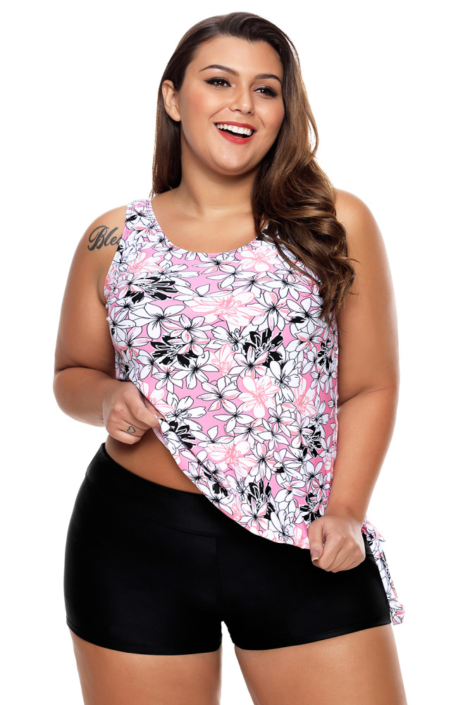 Pretty Flower Print Tie Side Tankini Short Swimsuit