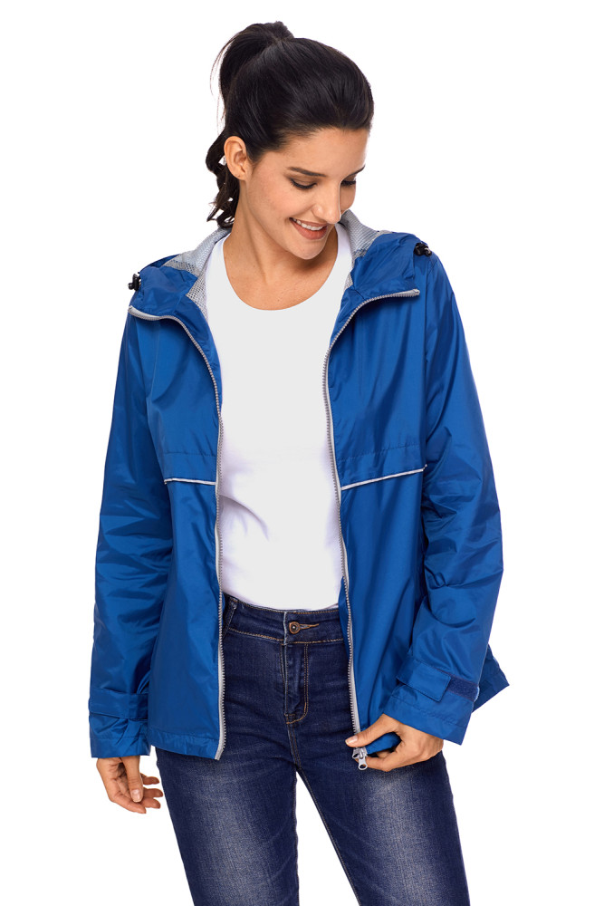 Blue Women Zipper Lapel Suit Blazer with Foldable Sleeve