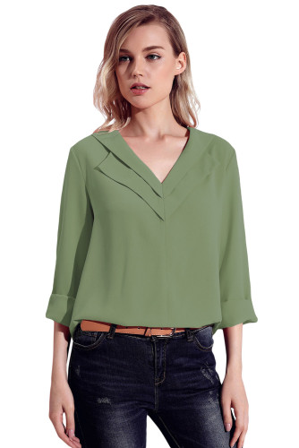 Sage Green Lapel V Neck Roll Sleeve Blouse