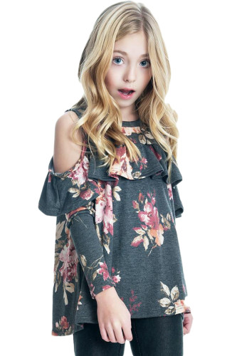 Black Floral Cold Shoulder Ruffles Girl Top