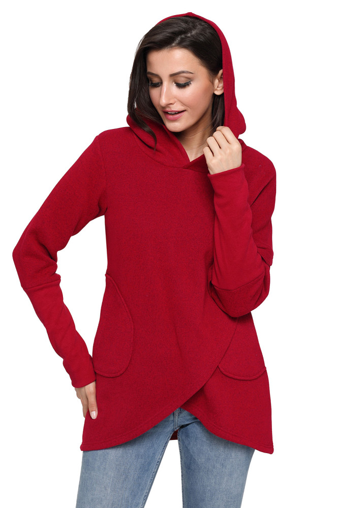 Burgundy Tulip Wrap Cape Style Long Sleeve Hoodie