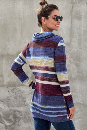 Blue Multicolor Cowl Neck Striped Long Sleeve Sweatshirt
