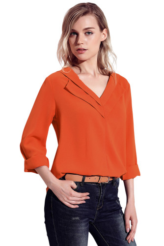 Orange Lapel V Neck Roll Sleeve Blouse