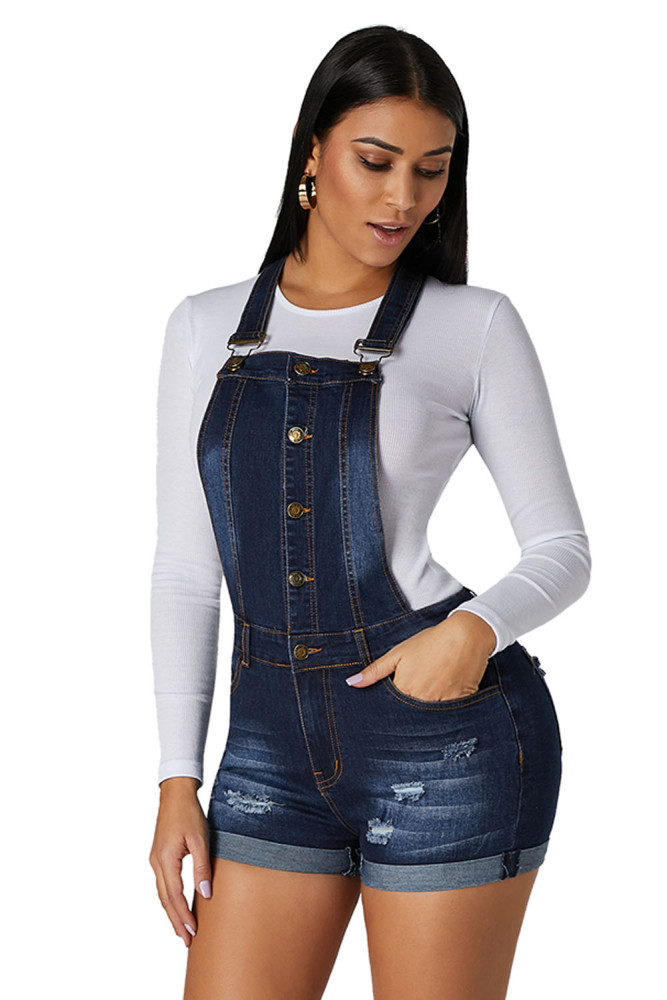 Dark Blue Roll-up Cuffs Button Down Denim Short Overall