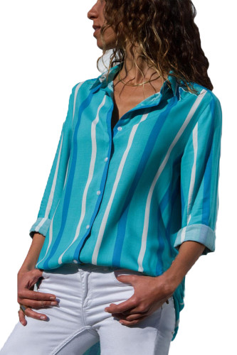 Blue Tricolor Stripe Long Sleeve Button Down Shirt