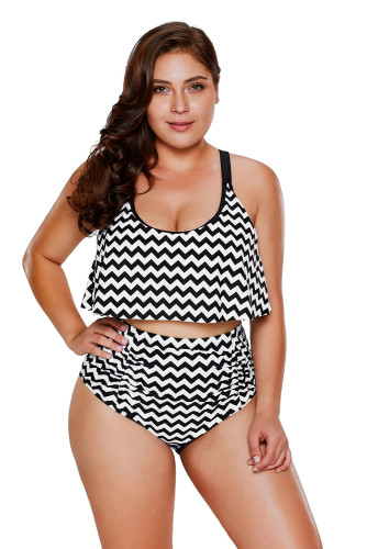 Black White Zigzag Flounce Tankini High Waist Swimsuit