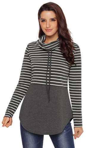 Grey Striped Colorblock Drawstring Cowl Neck Sweatshirt