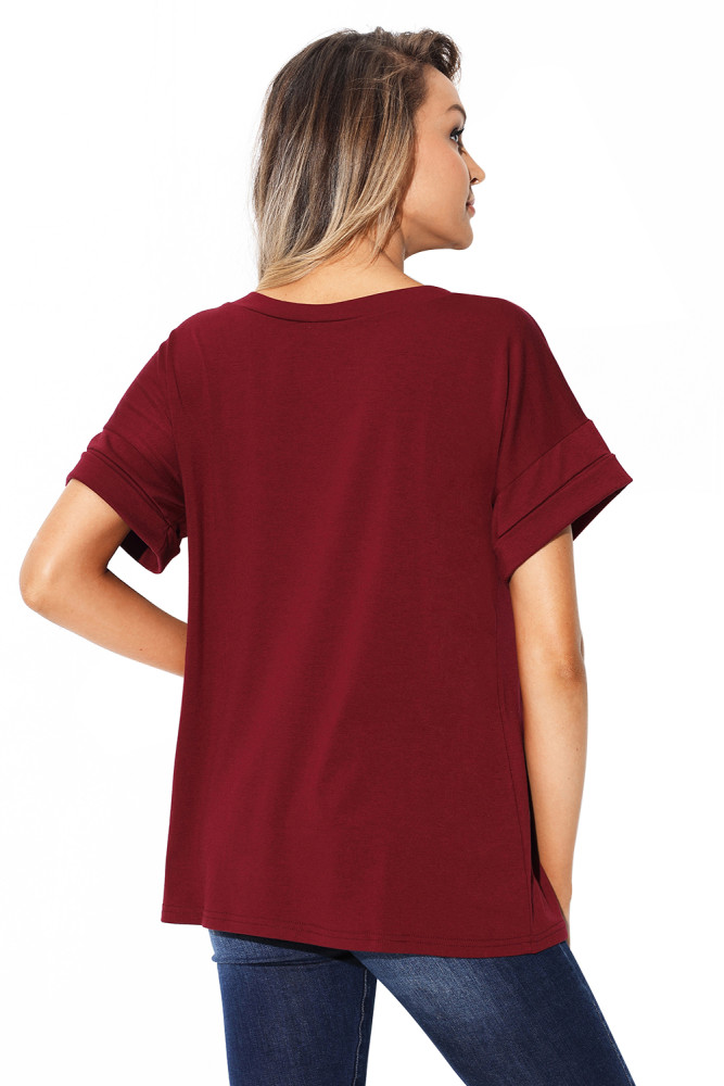 Burgundy Simple Fashion Pocket T-shirt