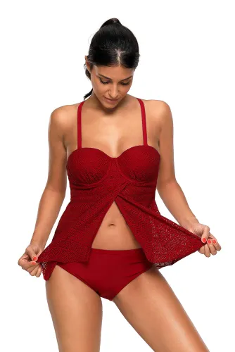 Burgundy Lace Flyaway Underwired Tankini Bathing Suit