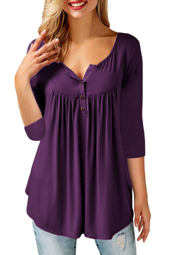 Purple 3/4 Sleeve Button Detail Pleated Tunic
