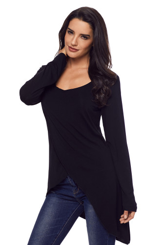 Black Faux Wrap Irregular Hemline O Neck Shirt