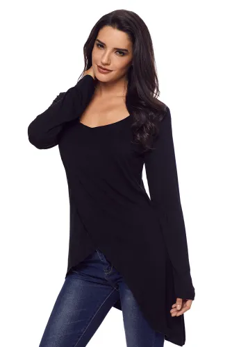 Black Faux Wrap Irregular Hemline O Neck Shirt