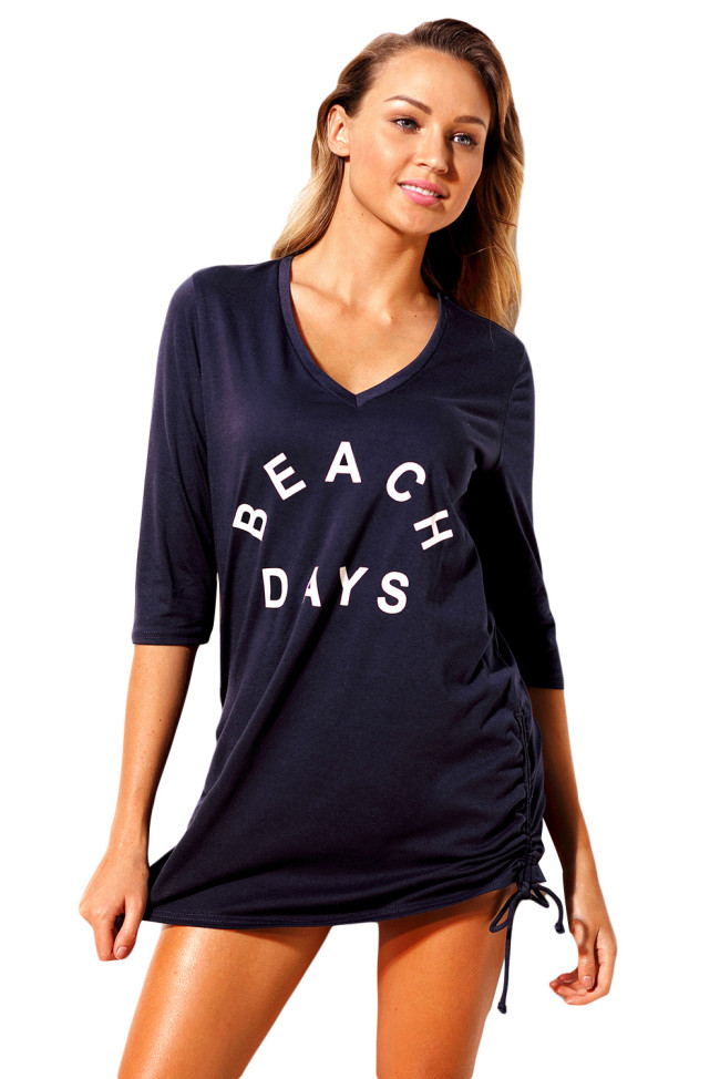Navy Ruched Tie Side V Neck Beach Cover Up