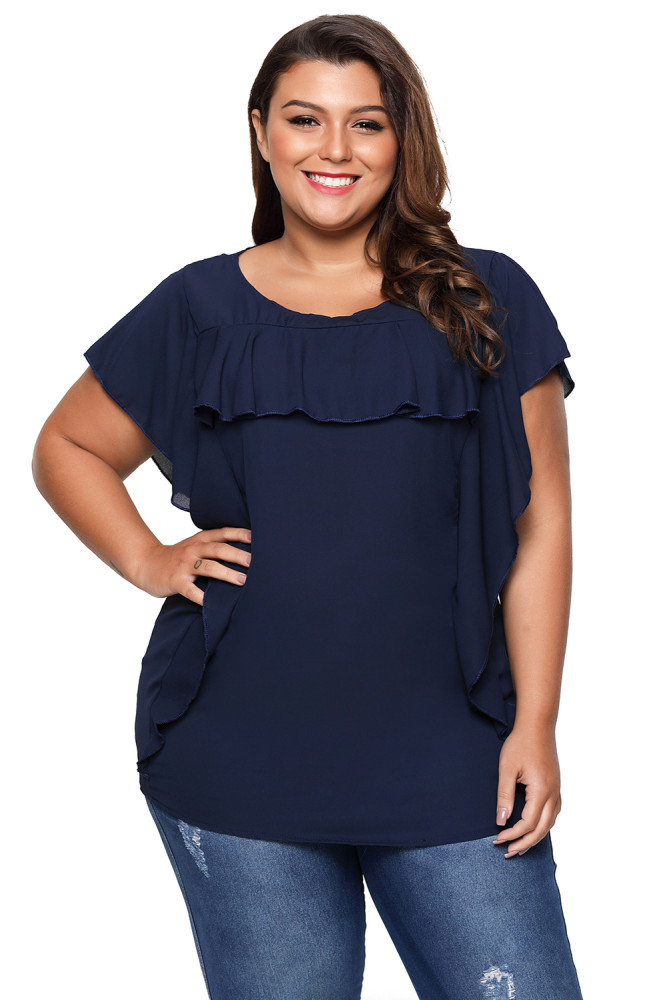 Blue Ruffled Detail Flutter Sleeves Plus Size Top