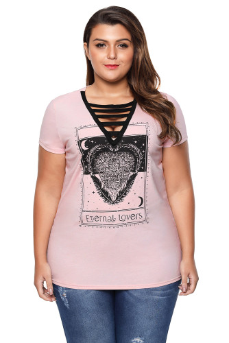 Strappy V-Neck Graphic Print Peachy Plus Size T-shirt