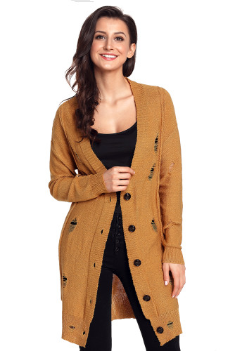 Khaki Distressed Button Cardigan