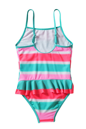 Neon Multicolor Striped Ruffle Trim Girls’ Teddy Swimsuit