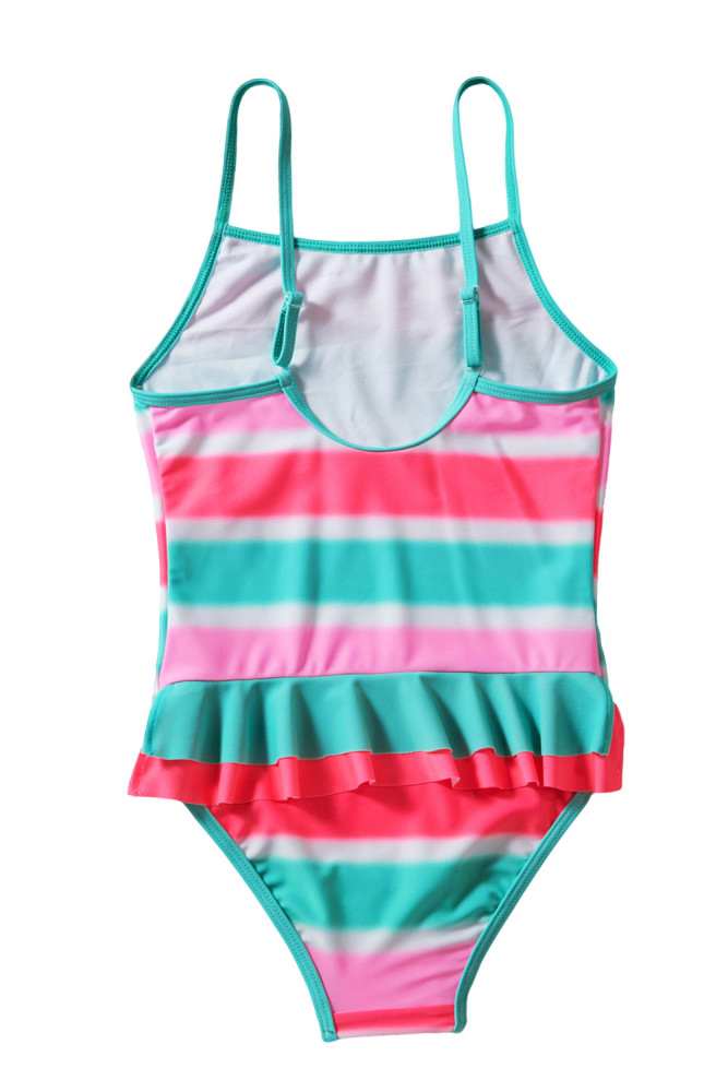 Neon Multicolor Striped Ruffle Trim Girls’ Teddy Swimsuit