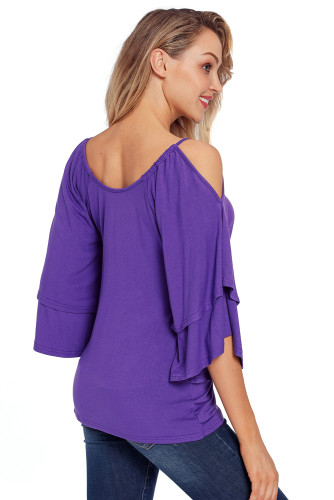 Purple Layered Sleeves Ruffled Off Shoulder Blouse