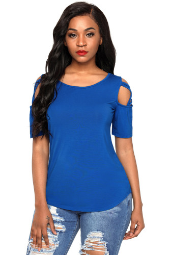 Royal Blue Crisscross Cold Shoulder Short Sleeve Shirt