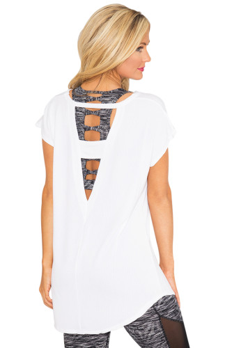 White Geometric Hollow-outs Back Cap Sleeves Blouse