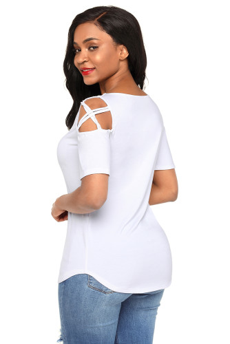 White Crisscross Cold Shoulder Short Sleeve Shirt