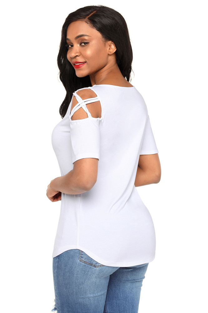 White Crisscross Cold Shoulder Short Sleeve Shirt