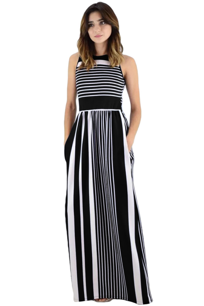 Black White Striped Pocket Style Maxi Tank Dress