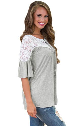 White Lace Splice Grey Short Sleeve Blouse