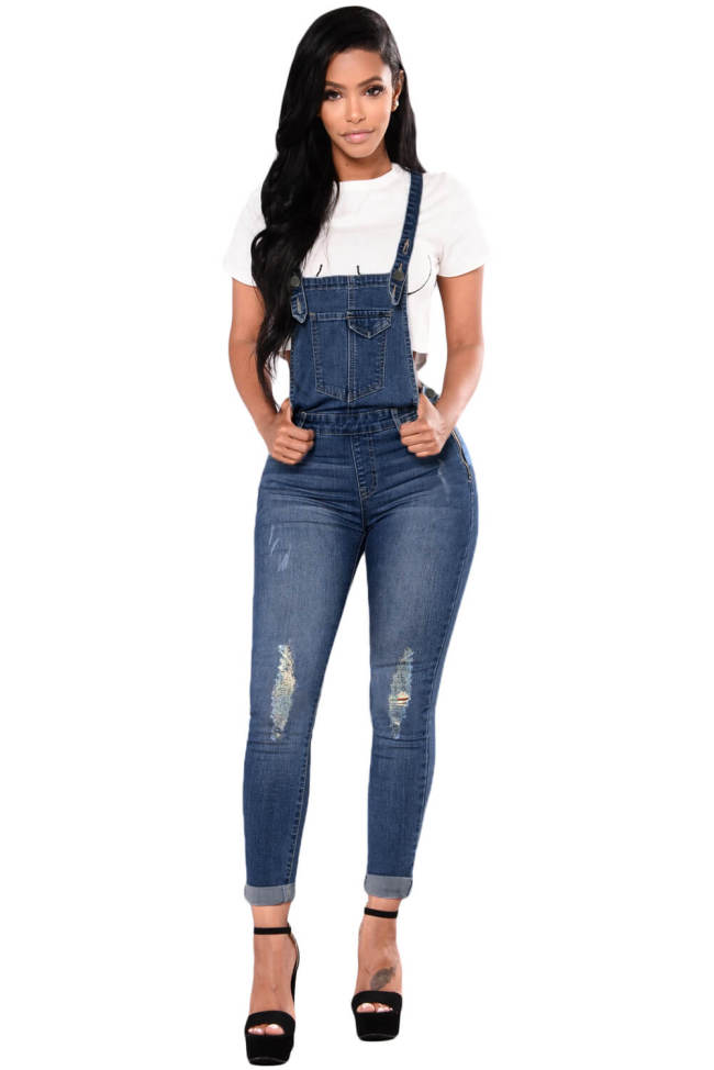 Dark Blue Denim Laidback Distressed Overalls