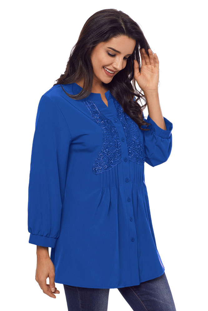 Blue Lace and Pleated Detail Button up Blouse