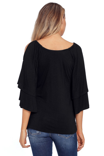 Black Layered Sleeves Ruffled Off Shoulder Blouse