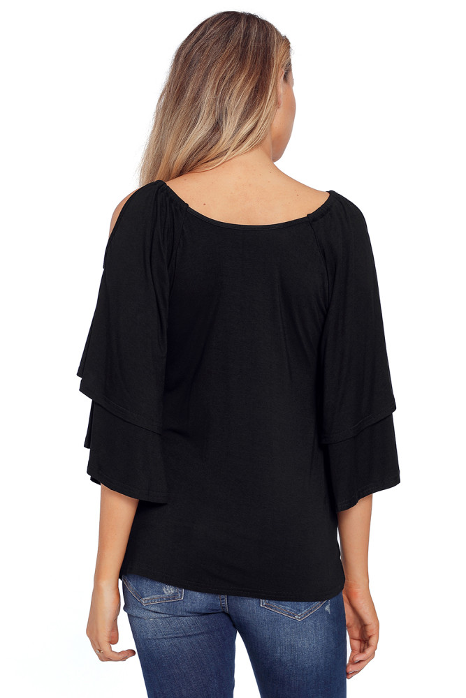 Black Layered Sleeves Ruffled Off Shoulder Blouse