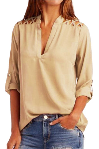 Khaki Crisscross Shoulder Detail Roll Tab Blouse