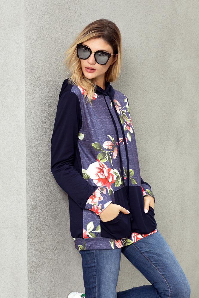Navy Kangroo Pocket Floral Hoodie