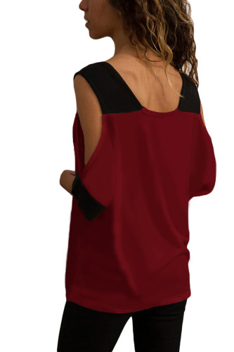 Burgundy Black Color Block Cold Shoulder Top