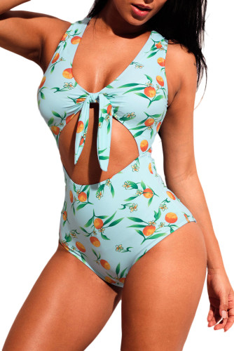 Lemon Print Tie Front Cut Out One-piece Swimsuit
