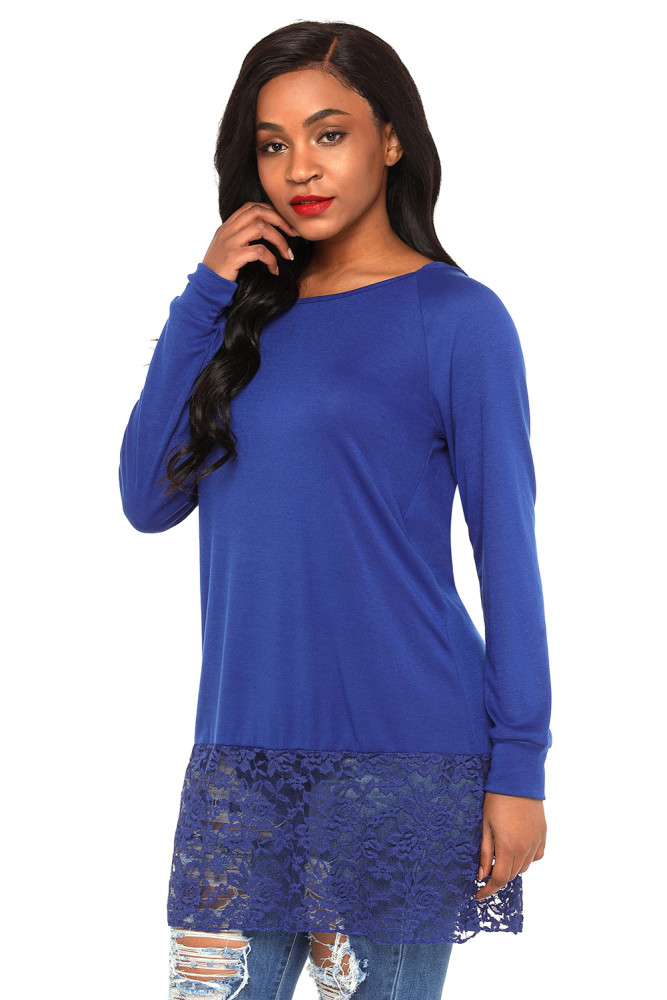 Blue Lace Trim Oversize Hoodie