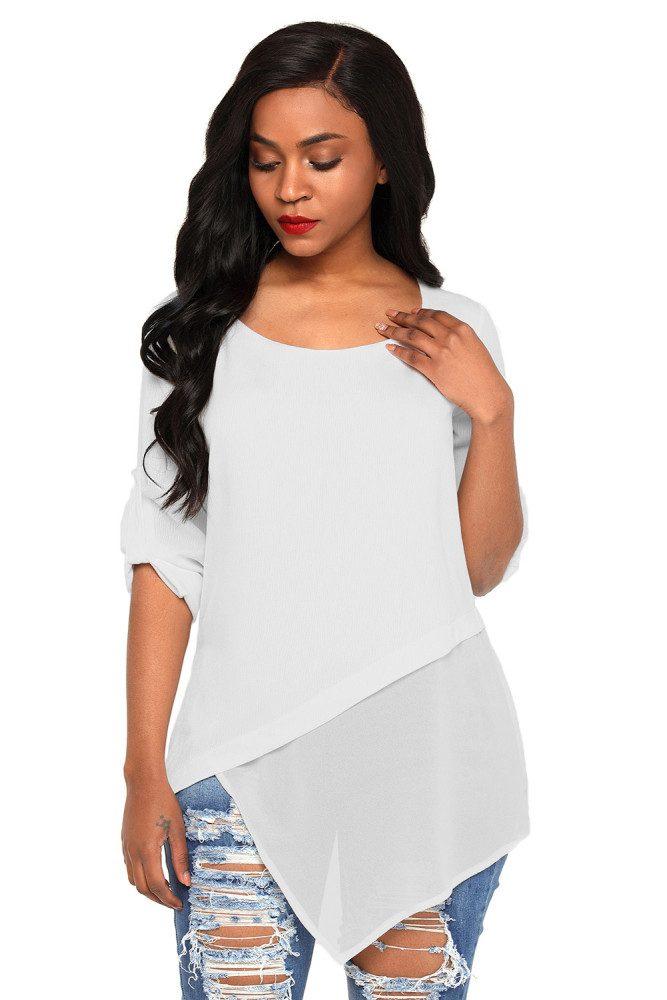 White Roll-tab Sleeve Asymmetric Hemline Crepe Blouse