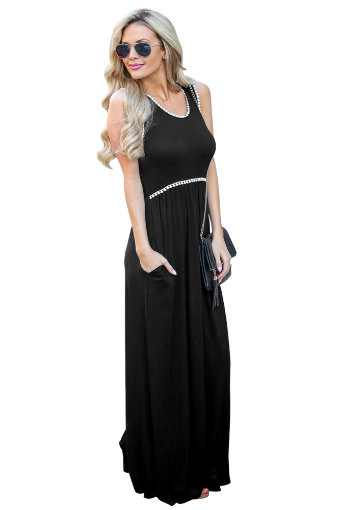 Crochet Pompom Trim Black Sleeveless Maxi Dress