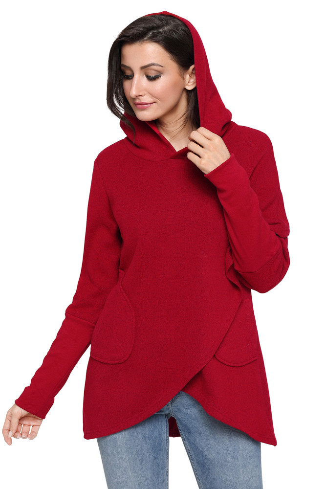 Burgundy Tulip Wrap Cape Style Long Sleeve Hoodie