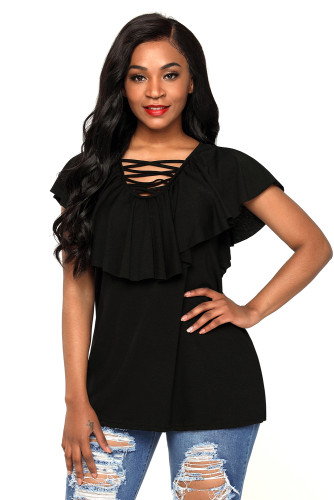 Black Deep V Neck Lace up Ruffle Short Sleeves Top